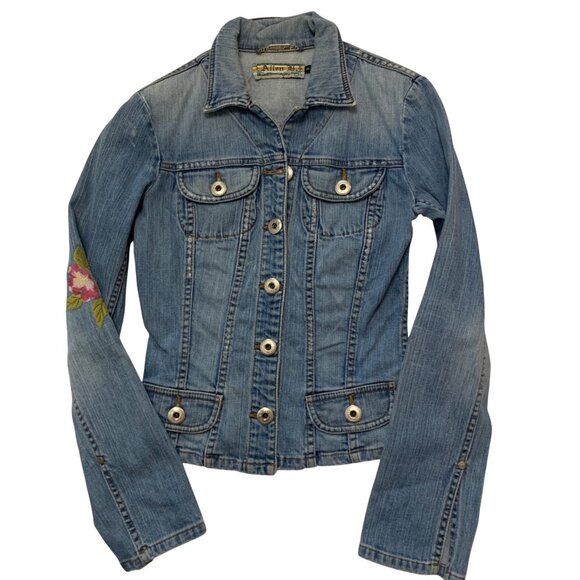 VTG Peacock Embroider Jean Jacket Extra Long Sleeves Y2K Fairygrunge dopamine - Picture 2 of 15